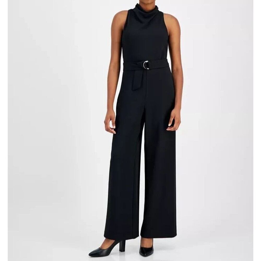Anne Klein Women's Trendy Chic Cowlneck Wide-Leg Jumpsuit Deep Black 6 (NO BELT)